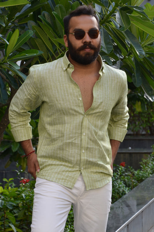 Island Escape - Green Striped Linen Shirt