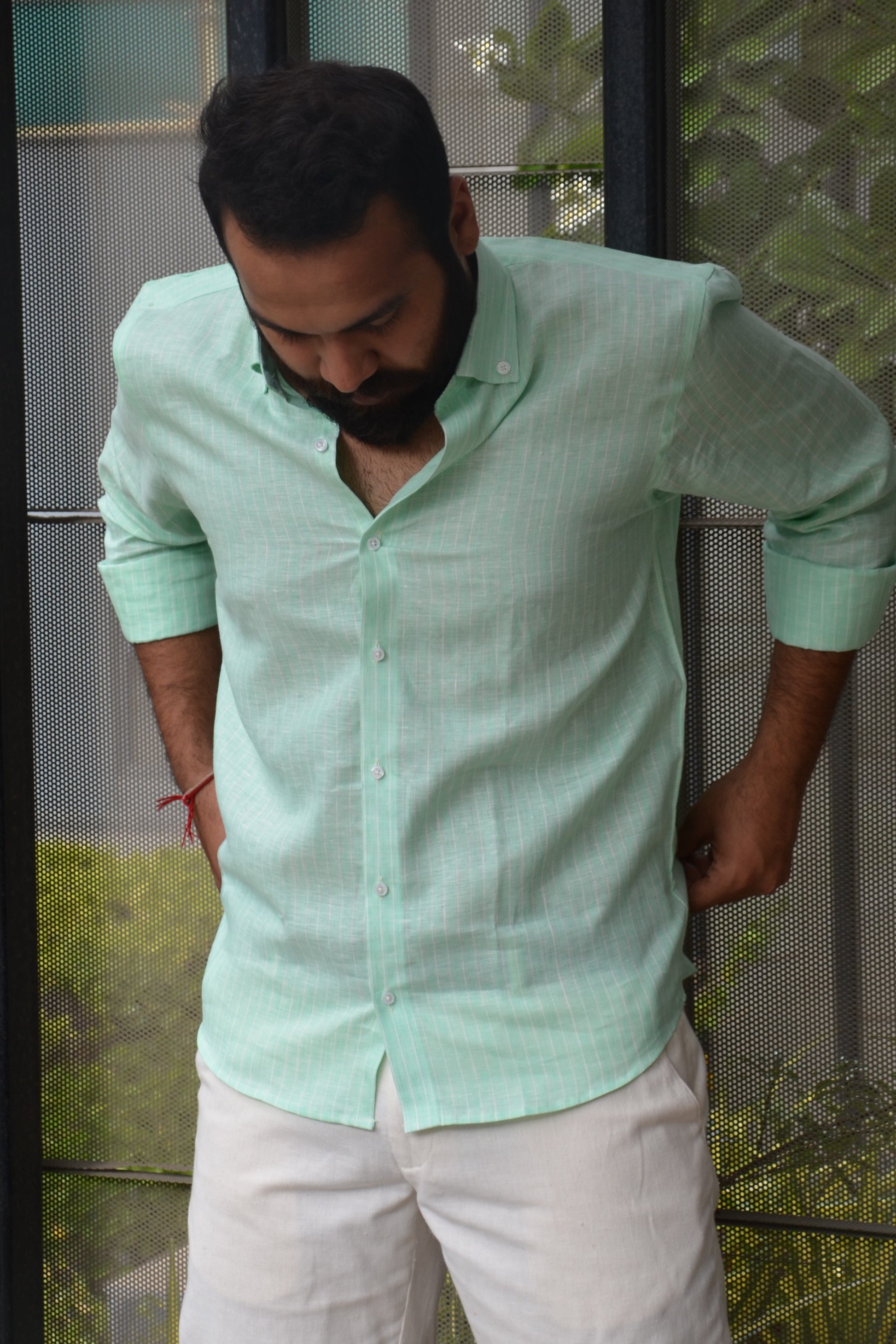 Mint Green full-sleeves Linen shirt with strips and collar | Mint green Linen shirt | linen shirt | linen shirt with collar | linen shirt for men | Button down collar | Button down collar linen shirt for men | Linen shirt with white pant | Linen casual shirt | Men's linen shirt | Buy linen shirt