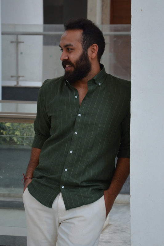 Mariner's Charm - Dark Green Striped Linen Shirt