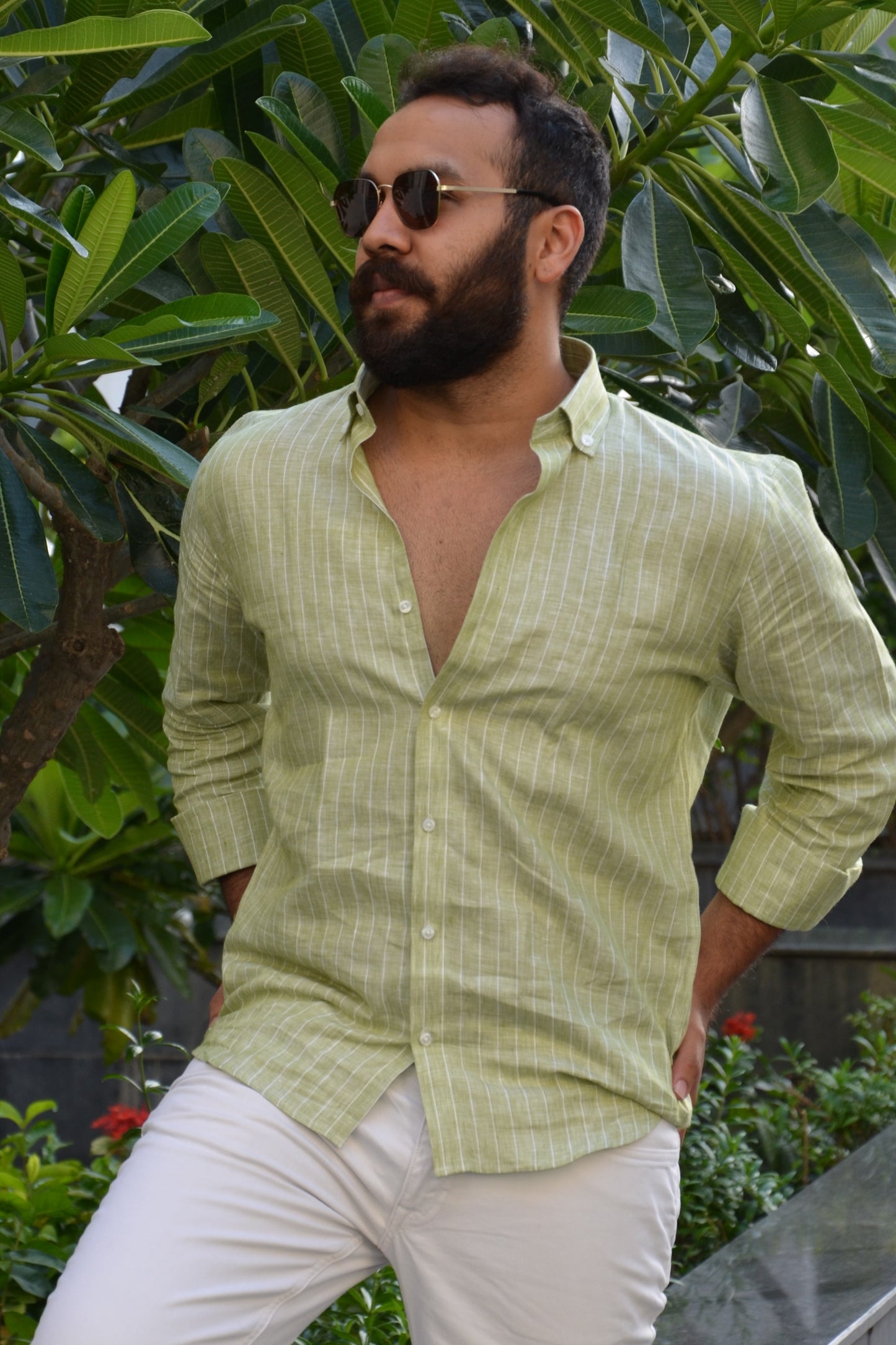 Island Escape - Green Striped Linen Shirt