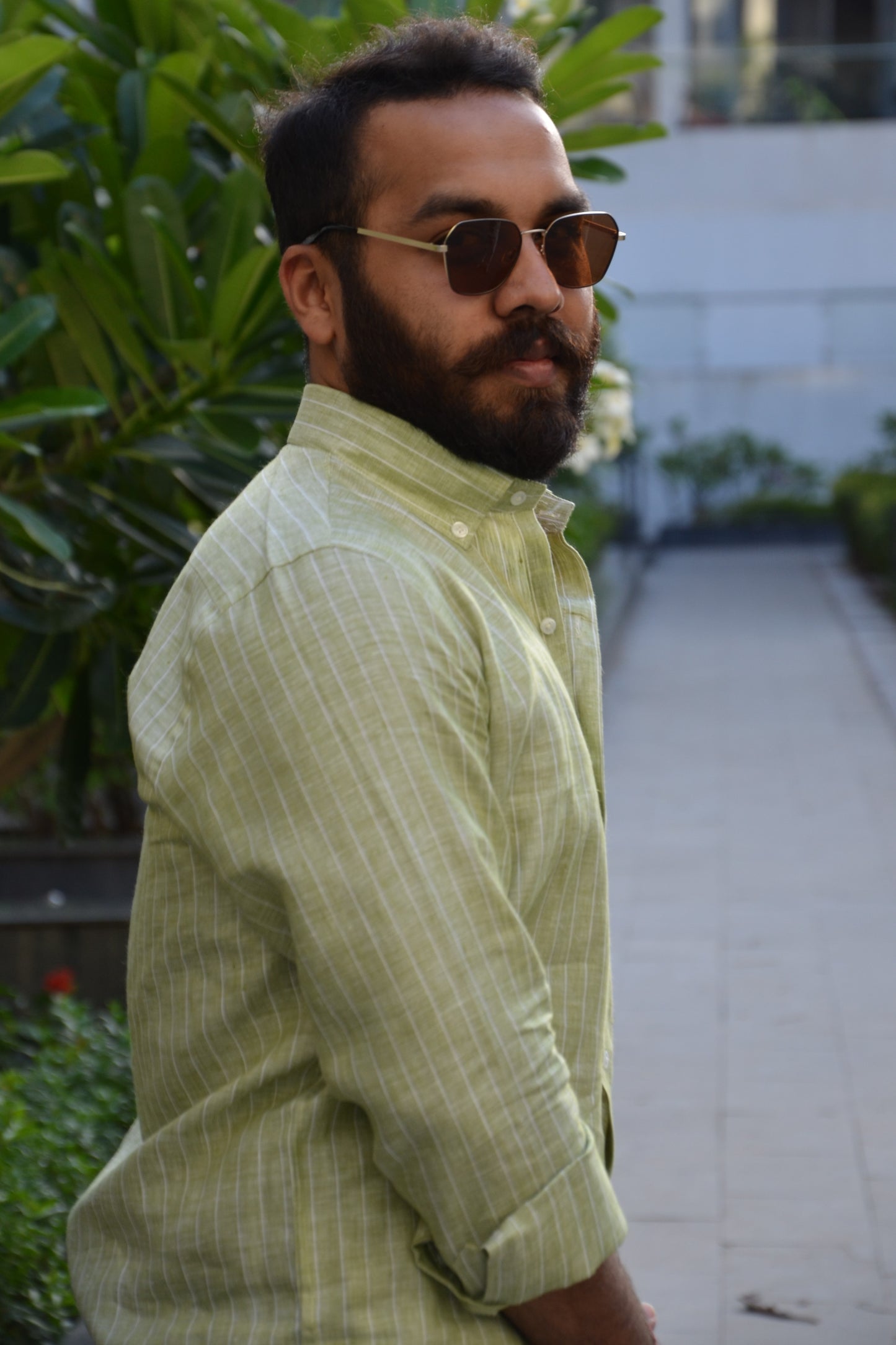 Island Escape - Green Striped Linen Shirt