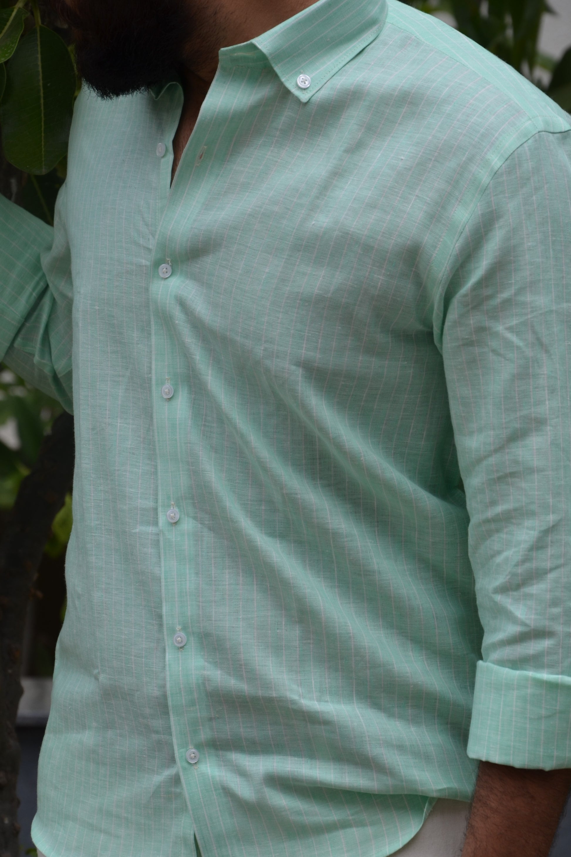 Mint Green full-sleeves Linen shirt with strips and collar | Mint green Linen shirt | linen shirt | linen shirt with collar | linen shirt for men | Button down collar | Button down collar linen shirt for men | Linen fabric close up image | linen fabric details | Linen weave 