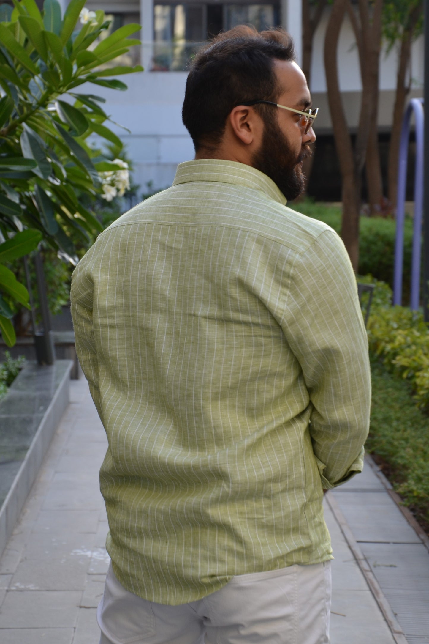 Island Escape - Green Striped Linen Shirt