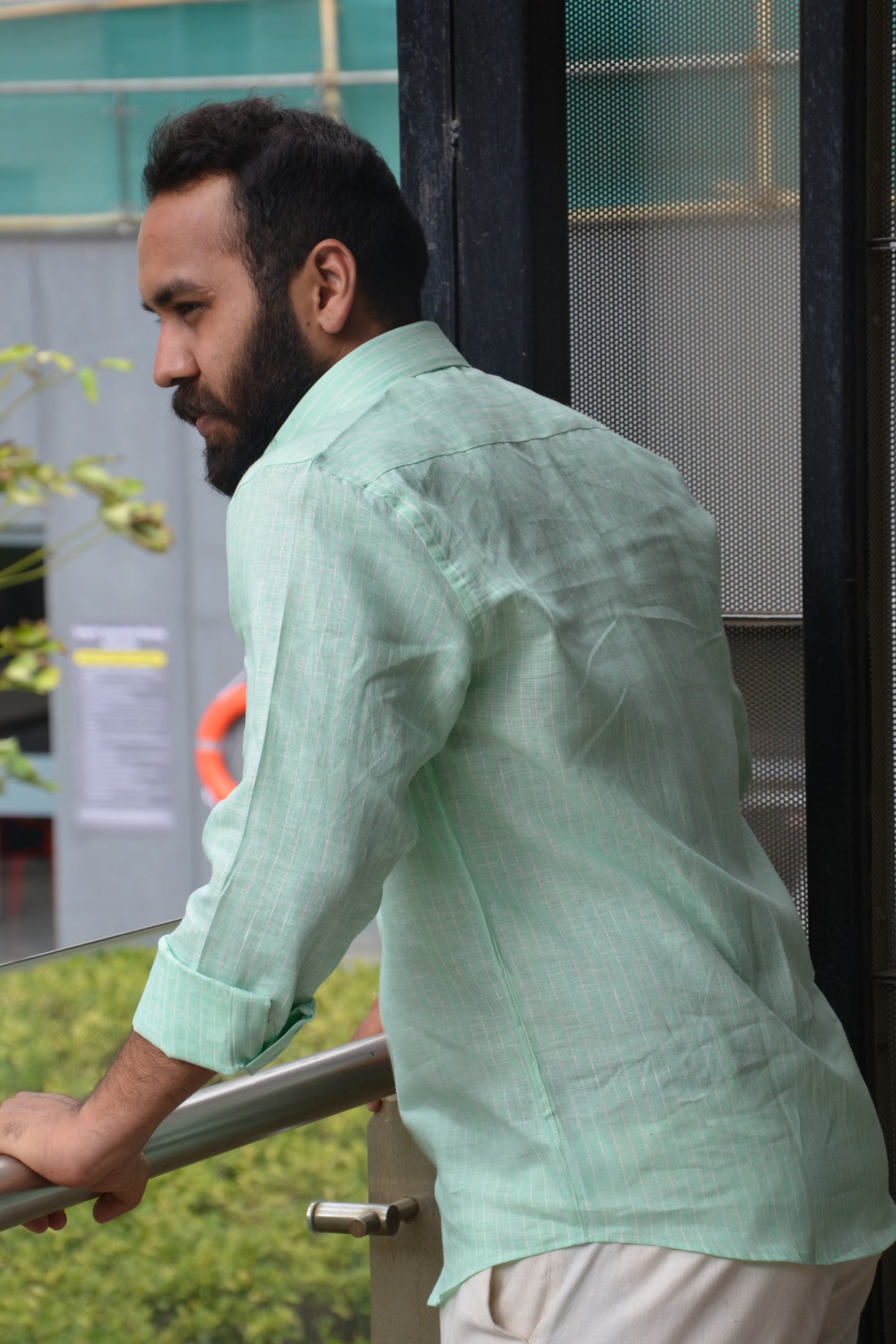 Mint Green full-sleeves Linen shirt with strips and collar | Mint green Linen shirt | linen shirt | linen shirt with collar | linen shirt for men | Button down collar | Button down collar linen shirt for men | Back profile of the shirt