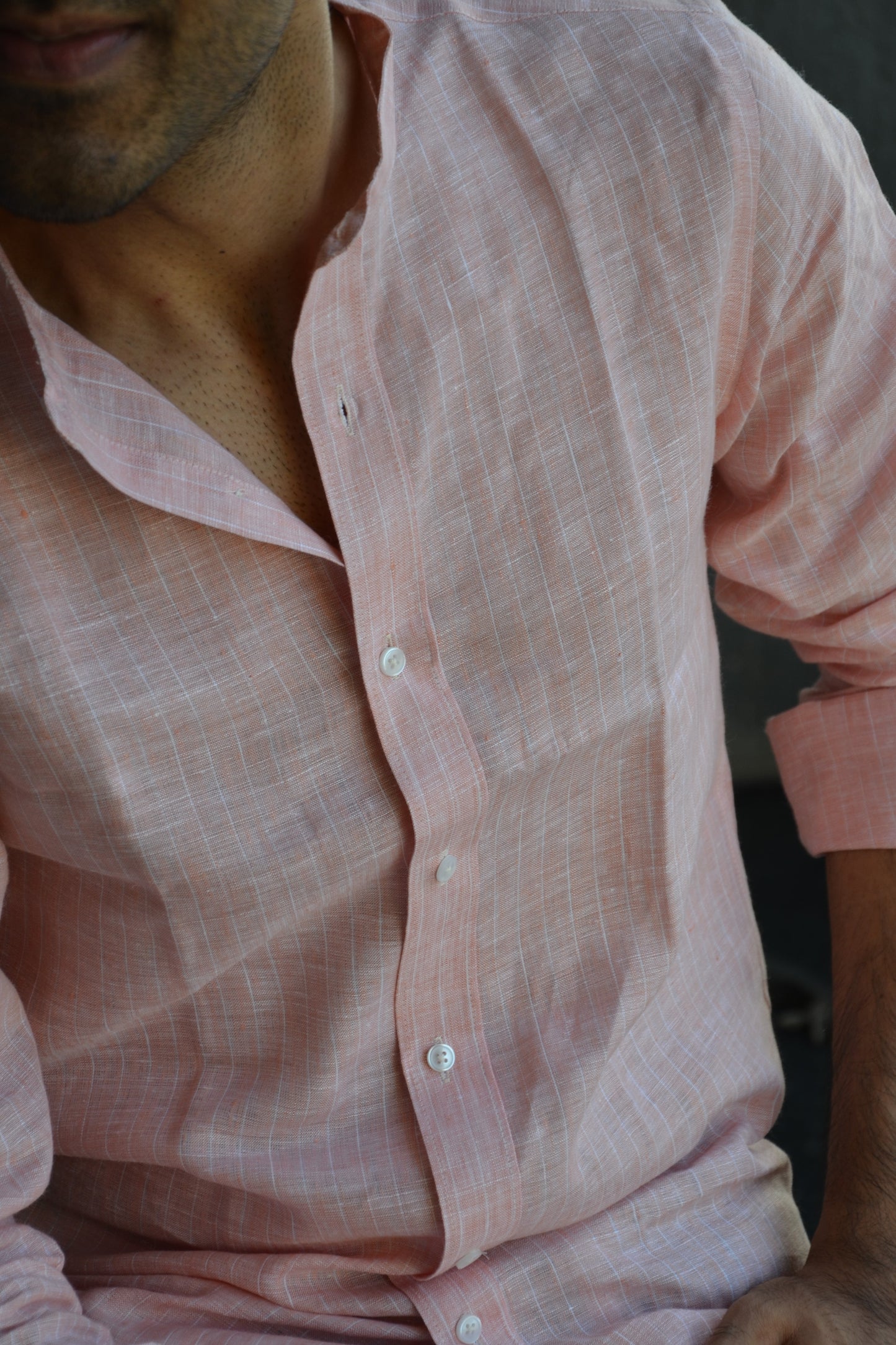 Coral Sunset - Peach Striped Linen Shirt | LININ