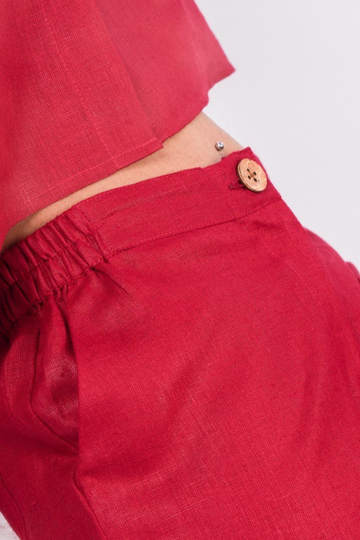 Cherry Red Linen Co-Ord Set - Includes Pair of Pants and Half Sleeves Drooping Shoulder Shirt