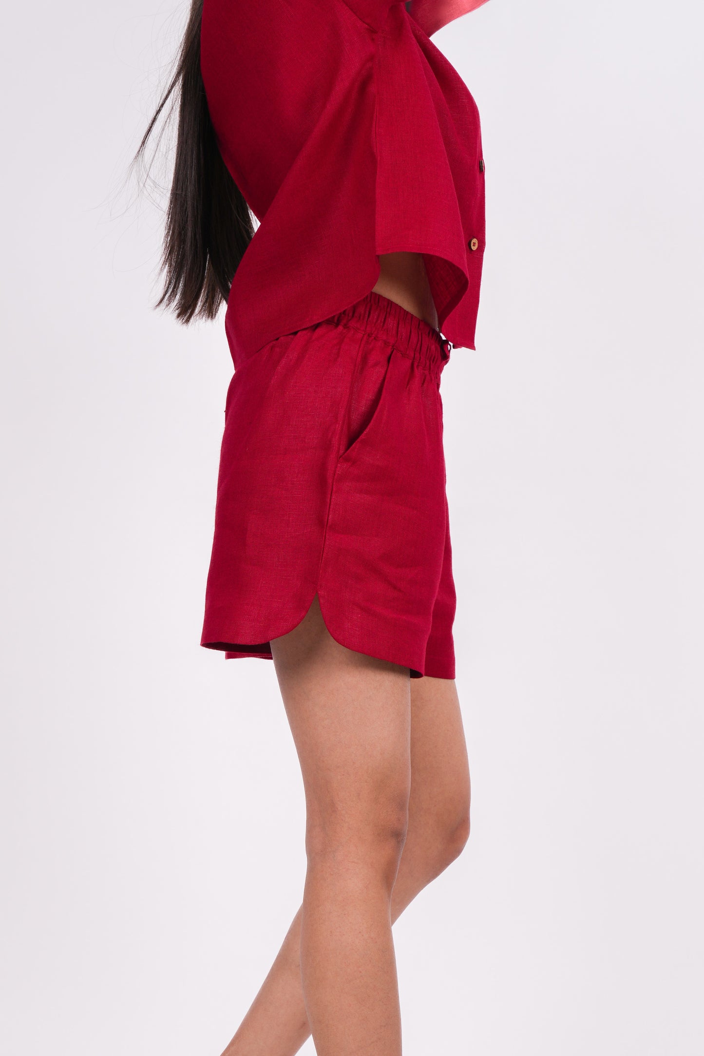 Cherry Red Linen Co-Ord Set - Includes Pair of Shorts and Half Sleeves Drooping Shoulder Shirt