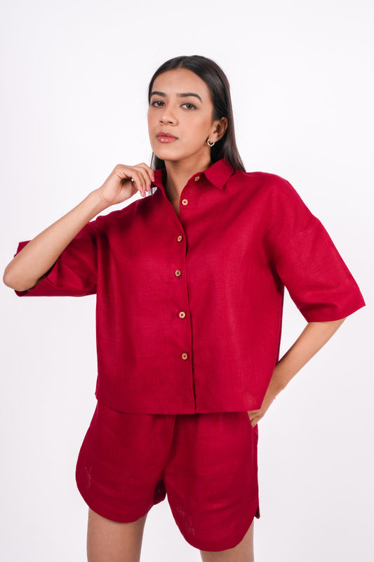 Cherry Red Linen Co-Ord Set - Includes Pair of Shorts and Half Sleeves Drooping Shoulder Shirt