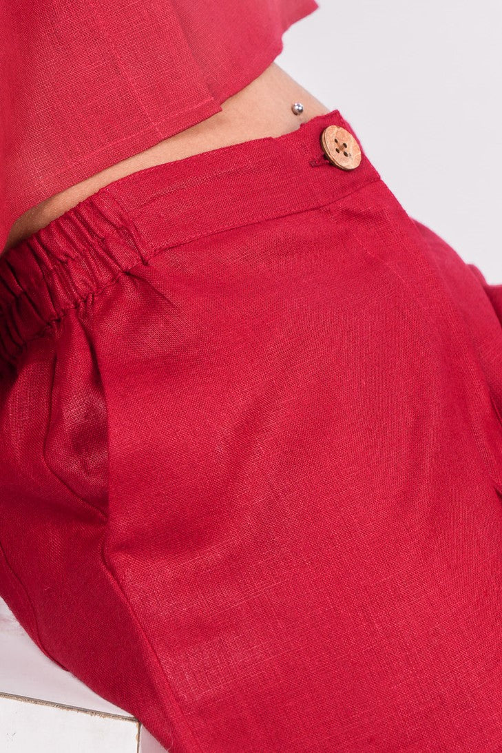 Cherry Red Flat Front Linen Pants