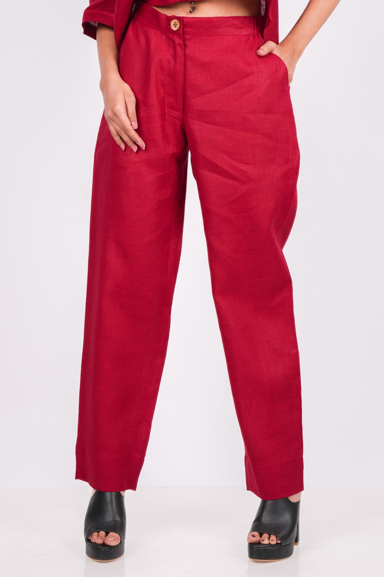 Cherry Red Flat Front Linen Pants