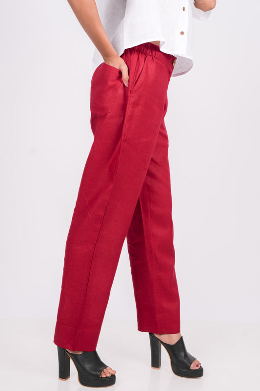 Cherry Red Linen Pants for women have an elastic band with diagonal side pockets