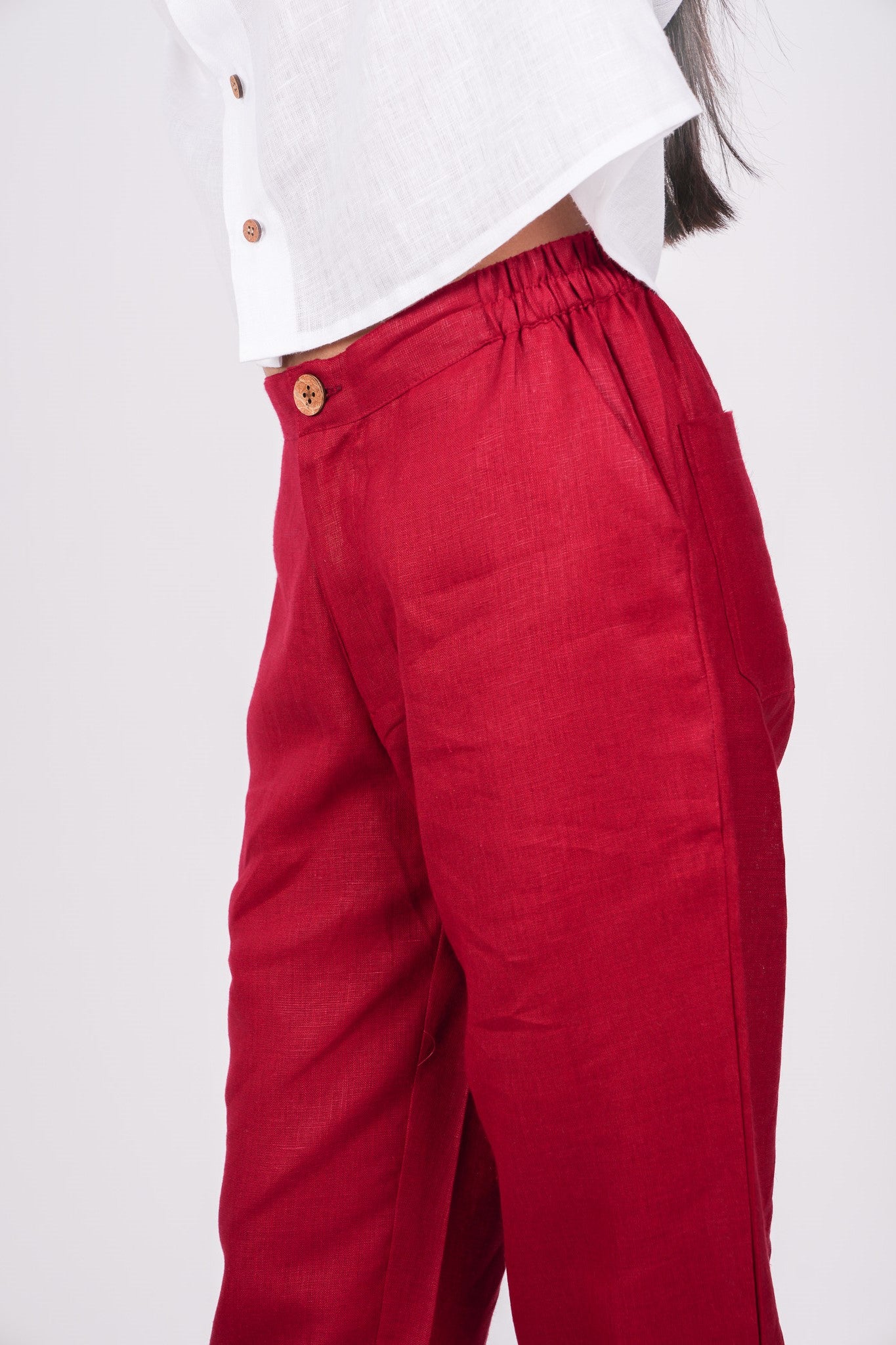 Cherry Red Flat Front Linen Pants