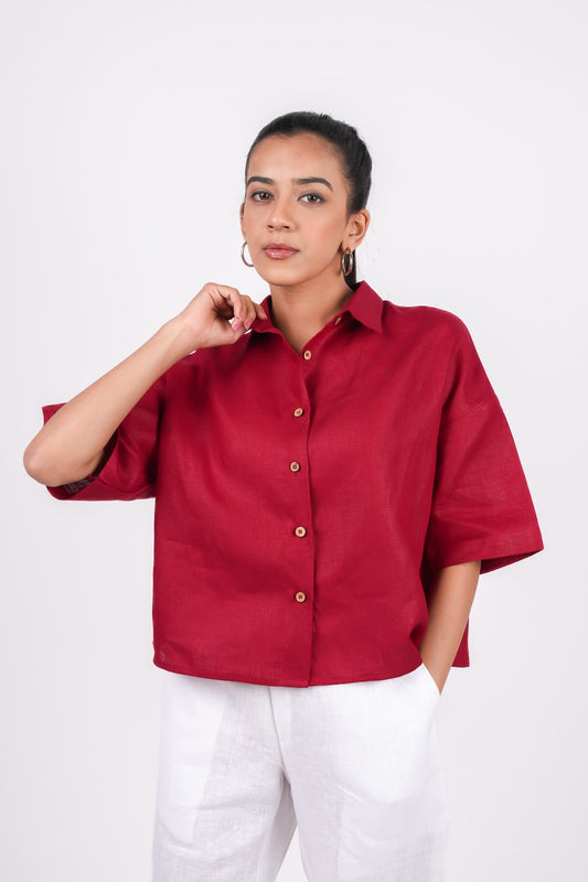 Cherry Red Linen Drooping Shoulder Shirt