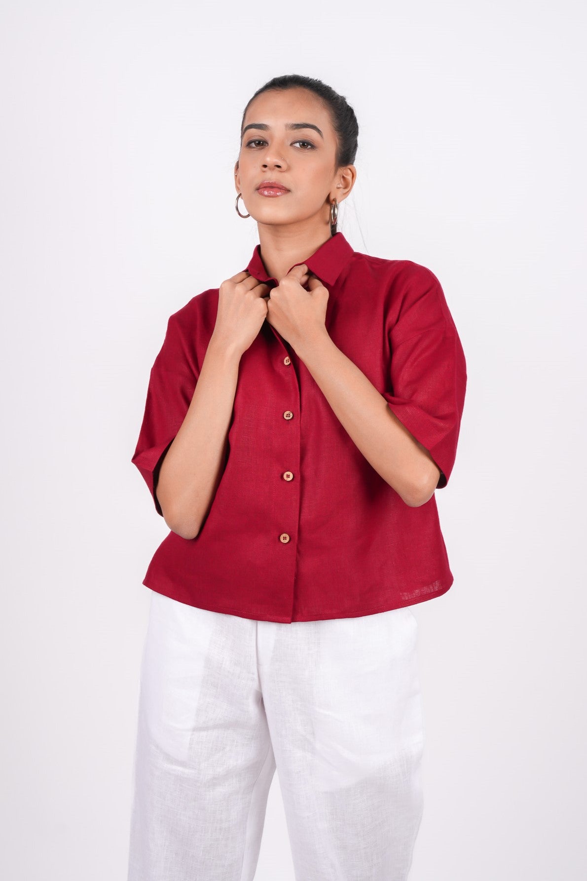 Cherry Red Linen Drooping Shoulder Shirt