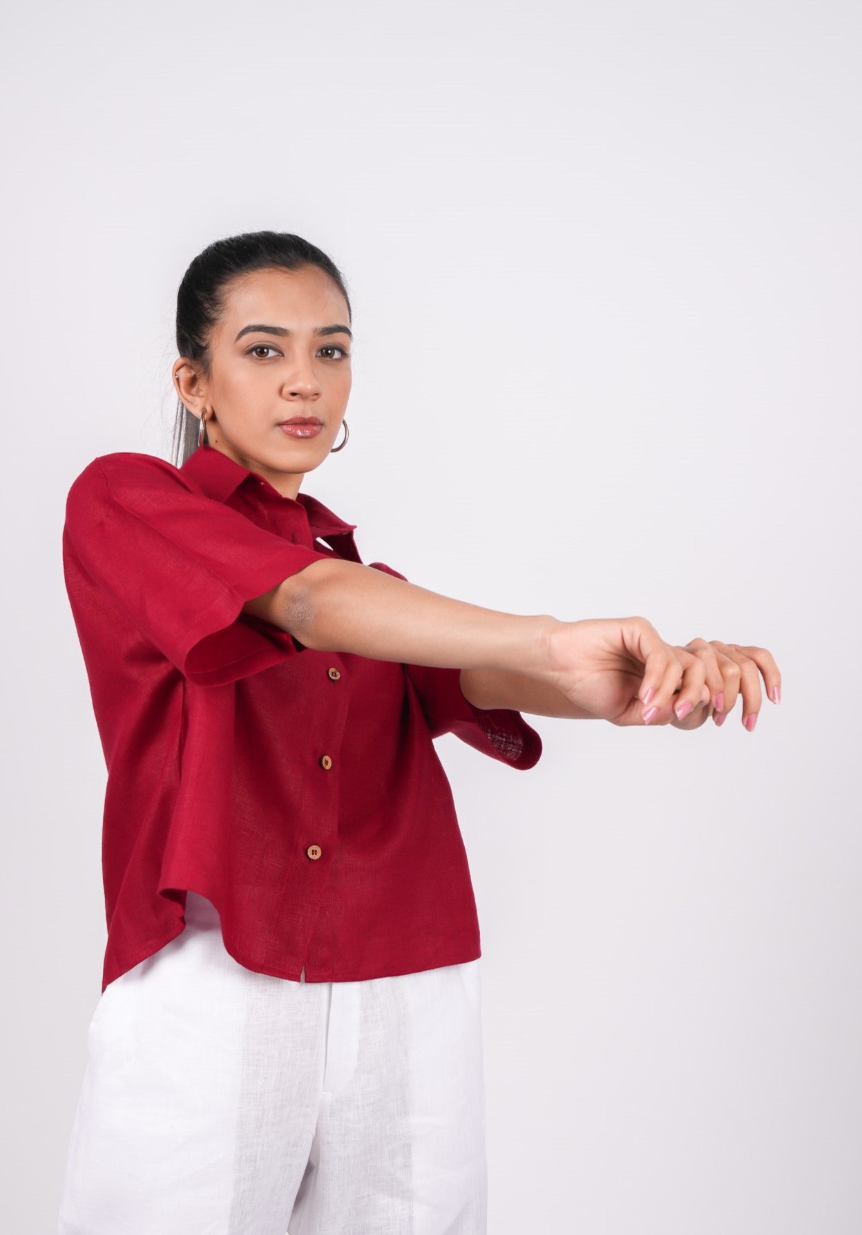 Cherry Red Linen Drooping Shoulder Shirt