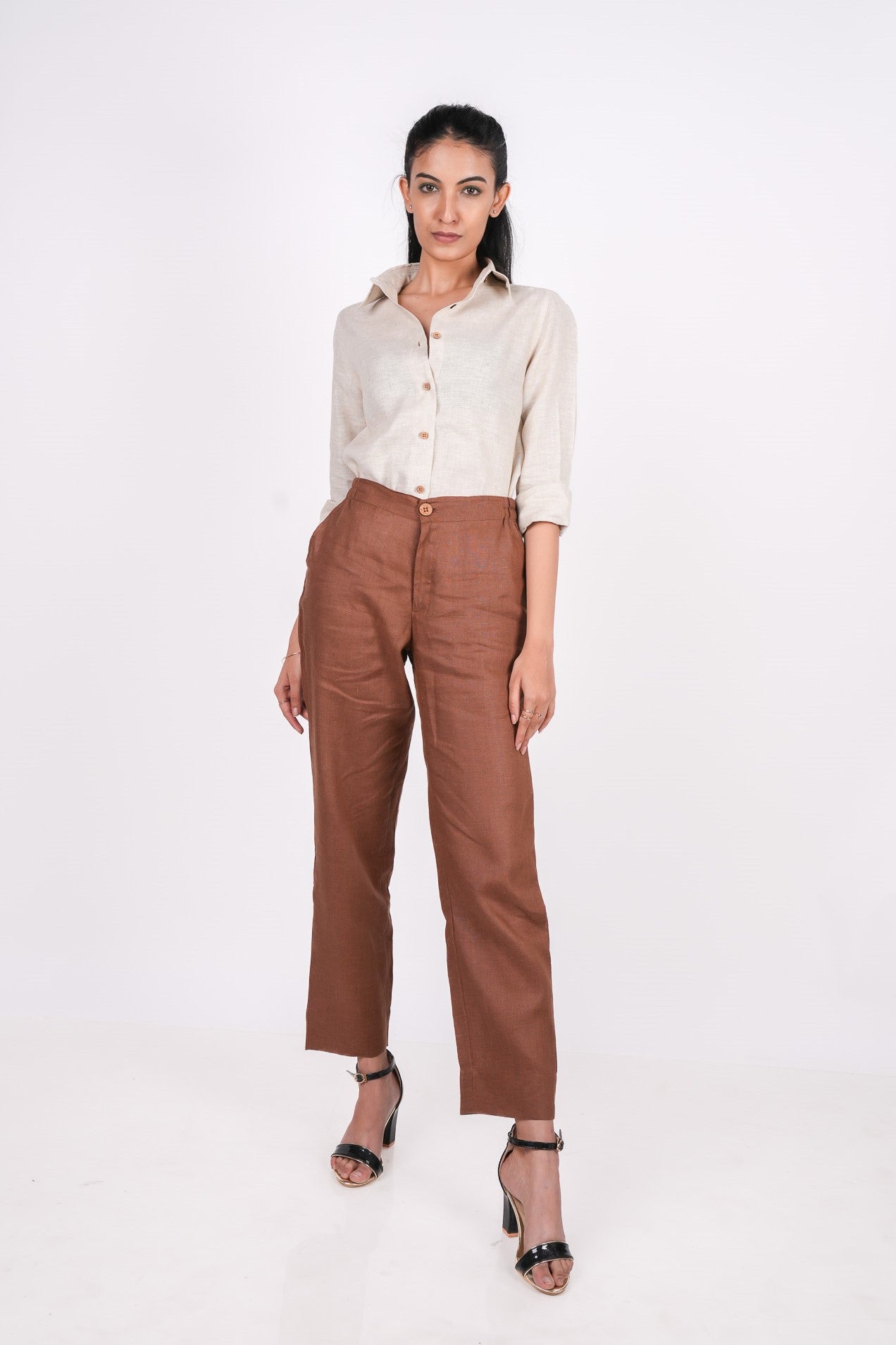 Mocha Brown Flat Front Linen Pants