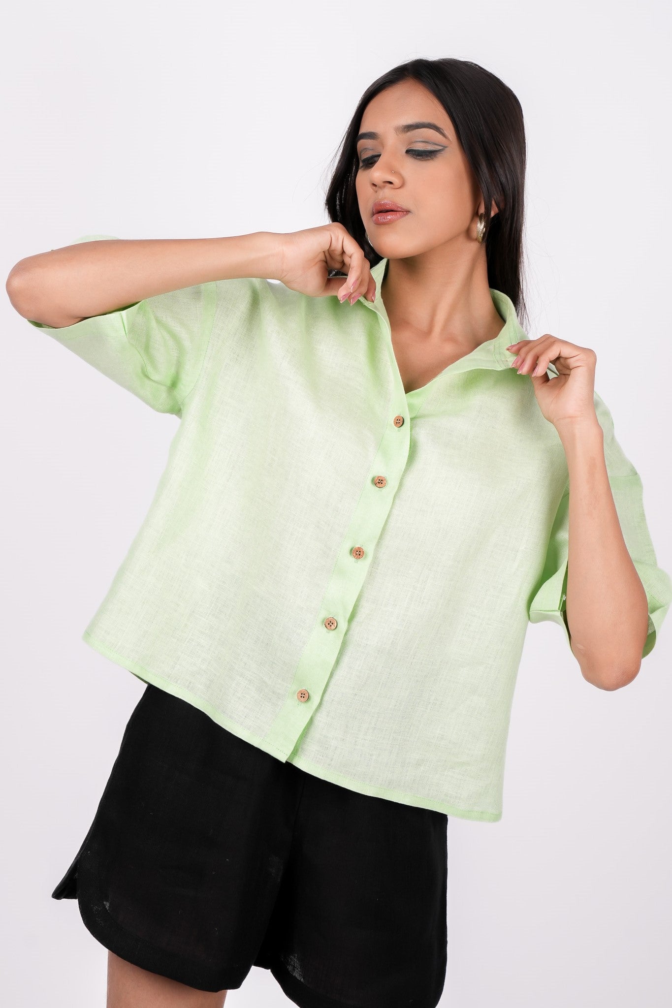 Kiwi Green Linen Drooping Shoulder Shirt