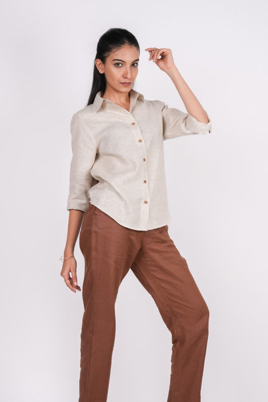 Earthy Natural Full Sleeves Spread Collar Linen Shirt