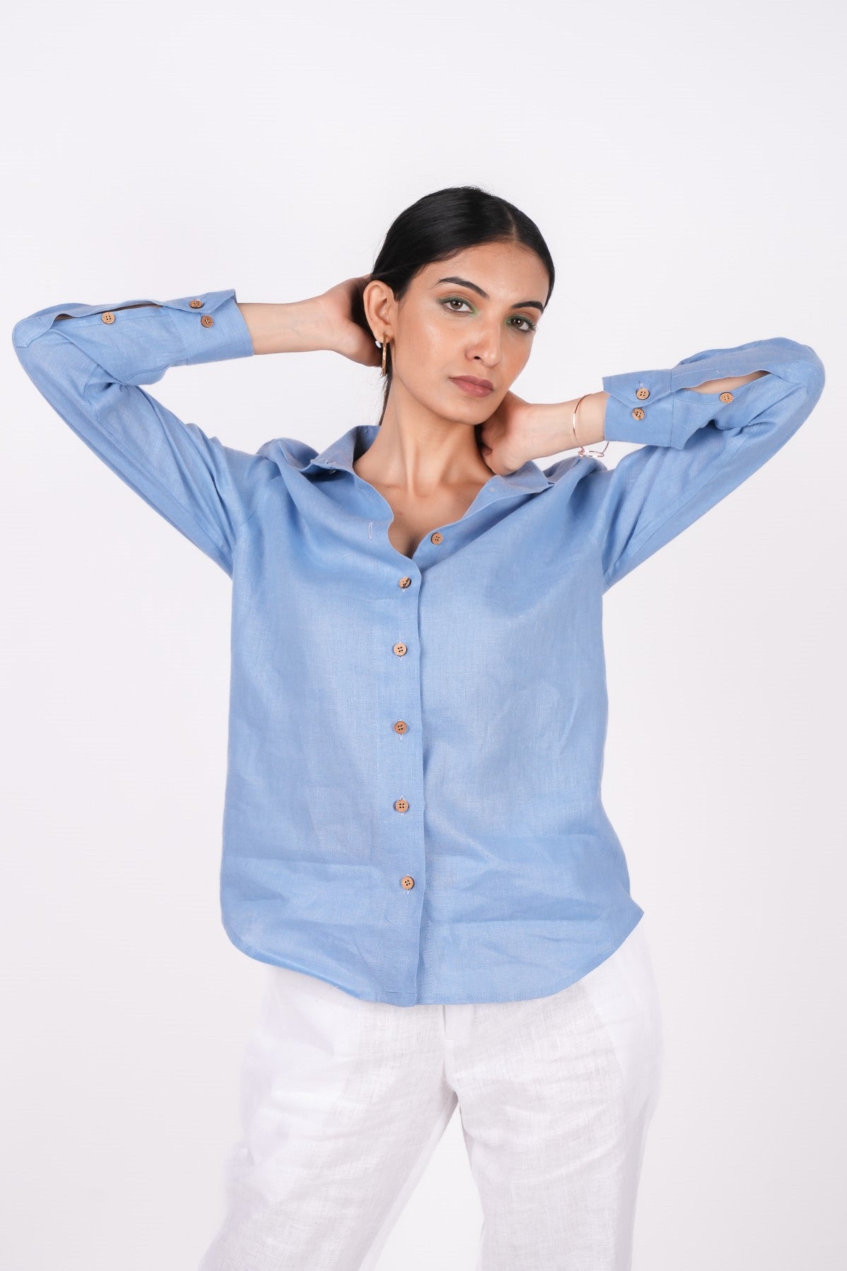 Ocean Blue Full Sleeves Spread Collar Linen Shirt