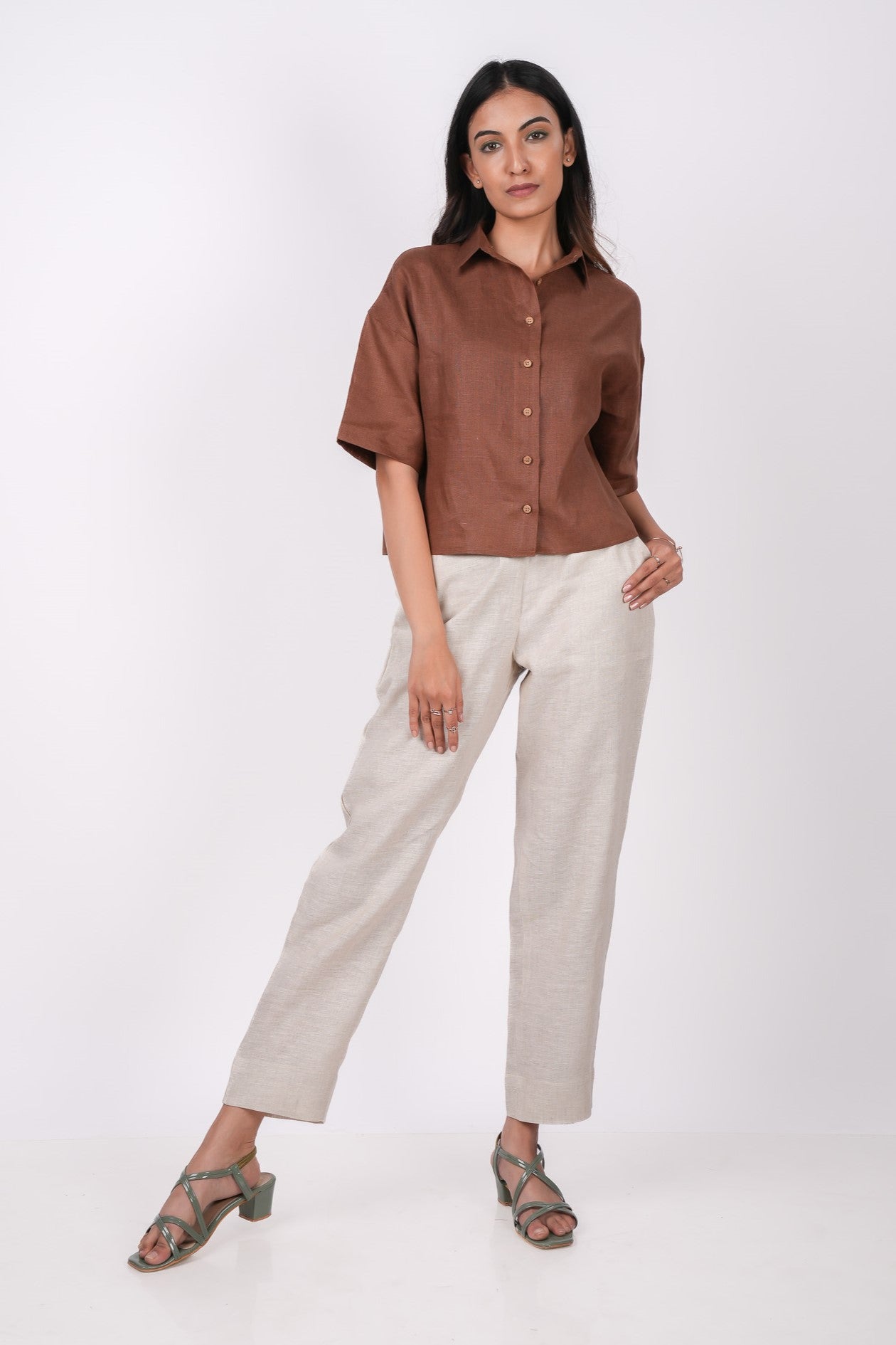 Mocha Brown Linen Drooping Shoulder Shirt