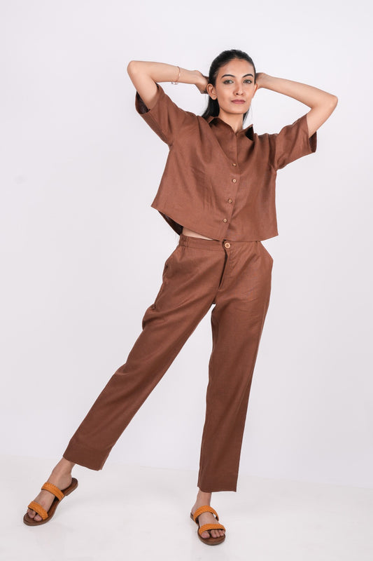 Mocha Brown Linen Co-Ord Set - Includes Pair of Pants and Half Sleeves Drooping Shoulder Shirt