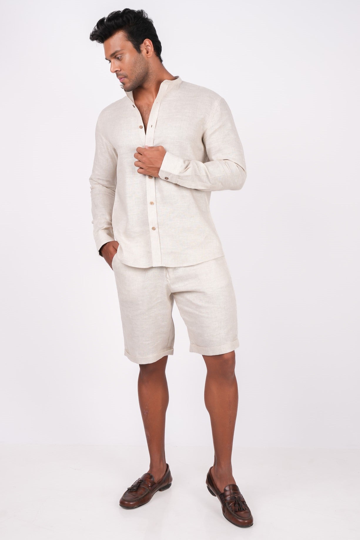 Earthy Natural Co-ord Set- Includes Pair of Shorts and Chinese Collar shirt