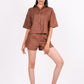 Mocha Brown Linen Co-Ord Set - Includes Pair of Shorts and Half Sleeves Drooping Shoulder Shirt