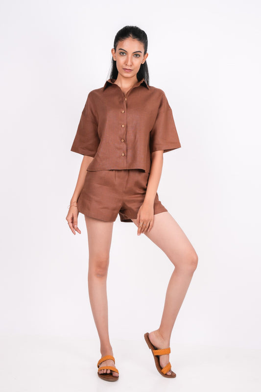 Mocha Brown Linen Co-Ord Set - Includes Pair of Shorts and Half Sleeves Drooping Shoulder Shirt