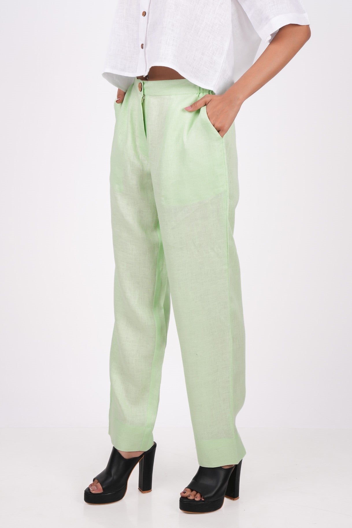 Kiwi Green Flat Front Linen Pants