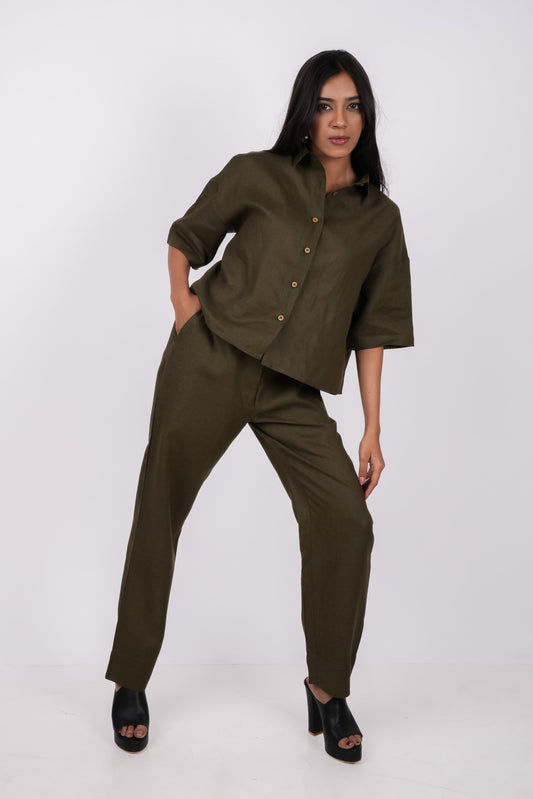 Forest Green Linen Co-Ord Set - Includes Pair of Pants and Half Sleeves Drooping Shoulder Shirt