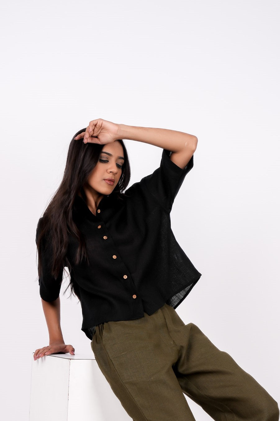 Midnight Black Linen Drooping Shoulder Shirt