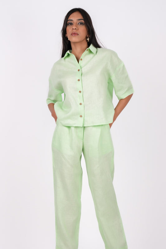 Kiwi Green Linen Co-Ord Set - Includes Pair of Pants and Half Sleeves Drooping Shoulder Shirt