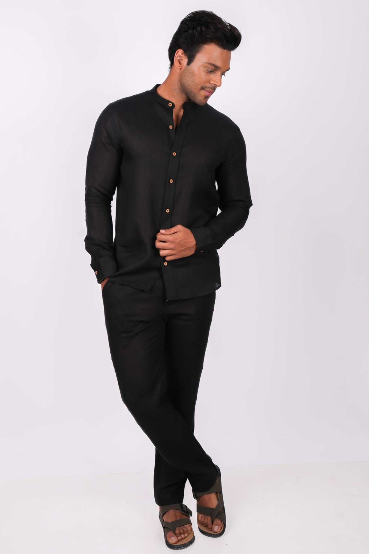 Midnight Black Co-ord Set- Includes Pair of Pants and Chinese Collar shirt