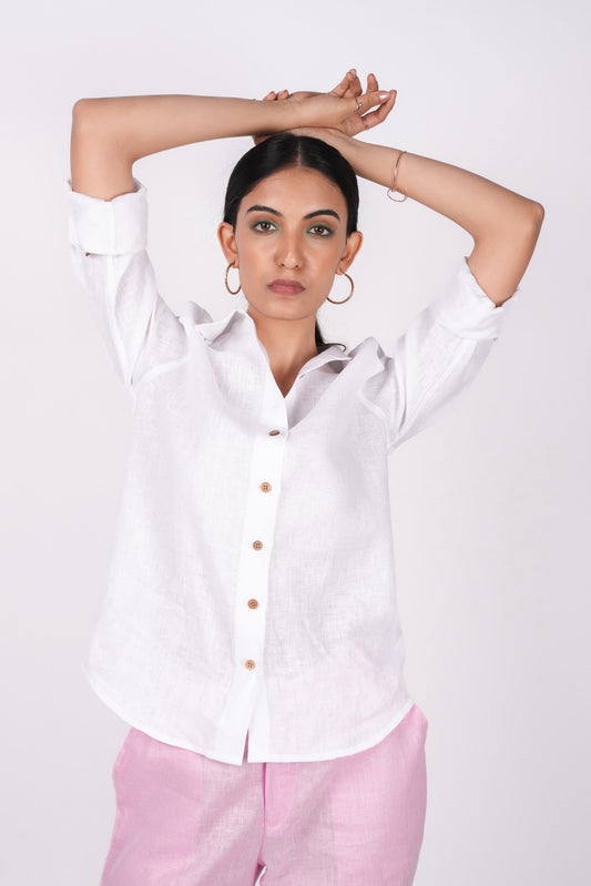 Pearl White Full Sleeves Spread Collar Linen Shirt