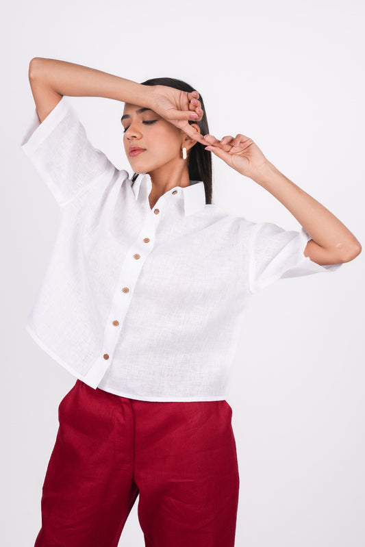 Pearl White Linen Drooping Shoulder Shirt