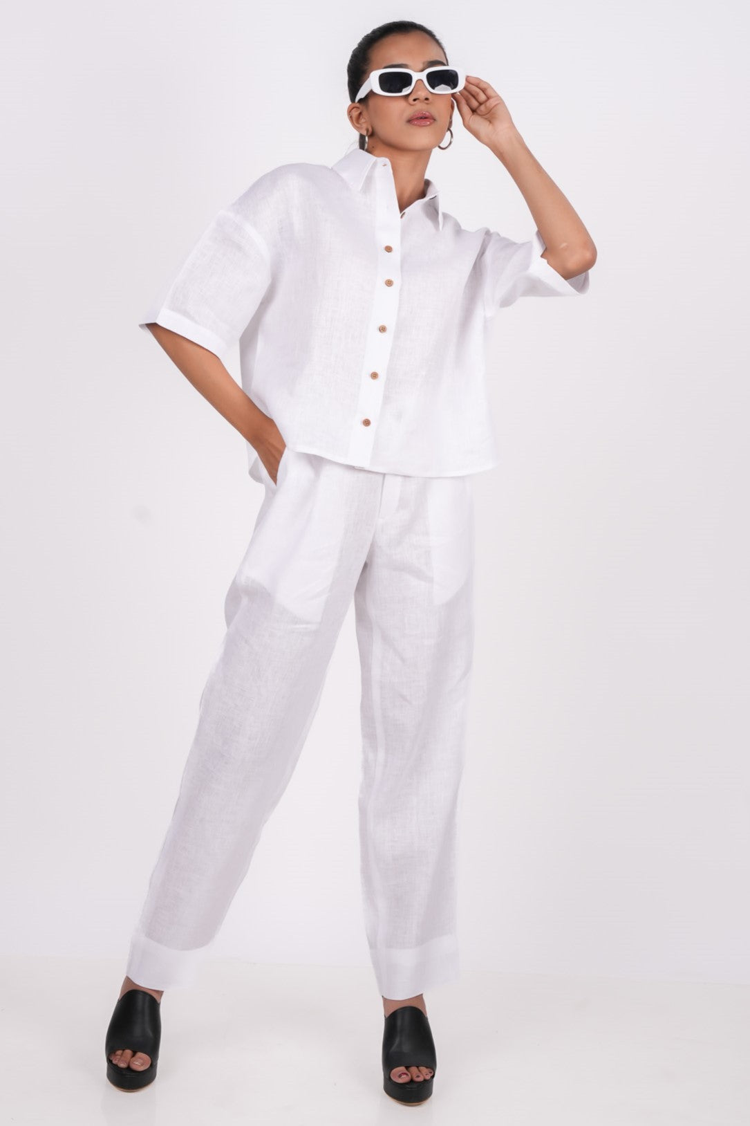 Pearl White Linen Co-Ord Set - Includes Pair of Pants and Half Sleeves Drooping Shoulder Shirt