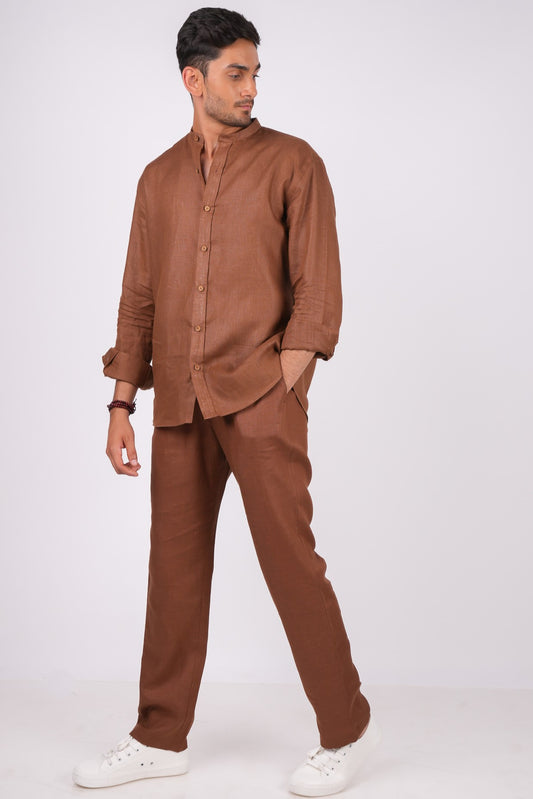 Mocha Brown Co-ord Set- Includes Pair of Pants and Chinese Collar shirt