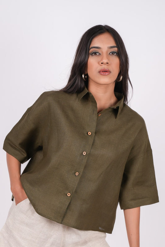 Forest Green Linen Drooping Shoulder Shirt