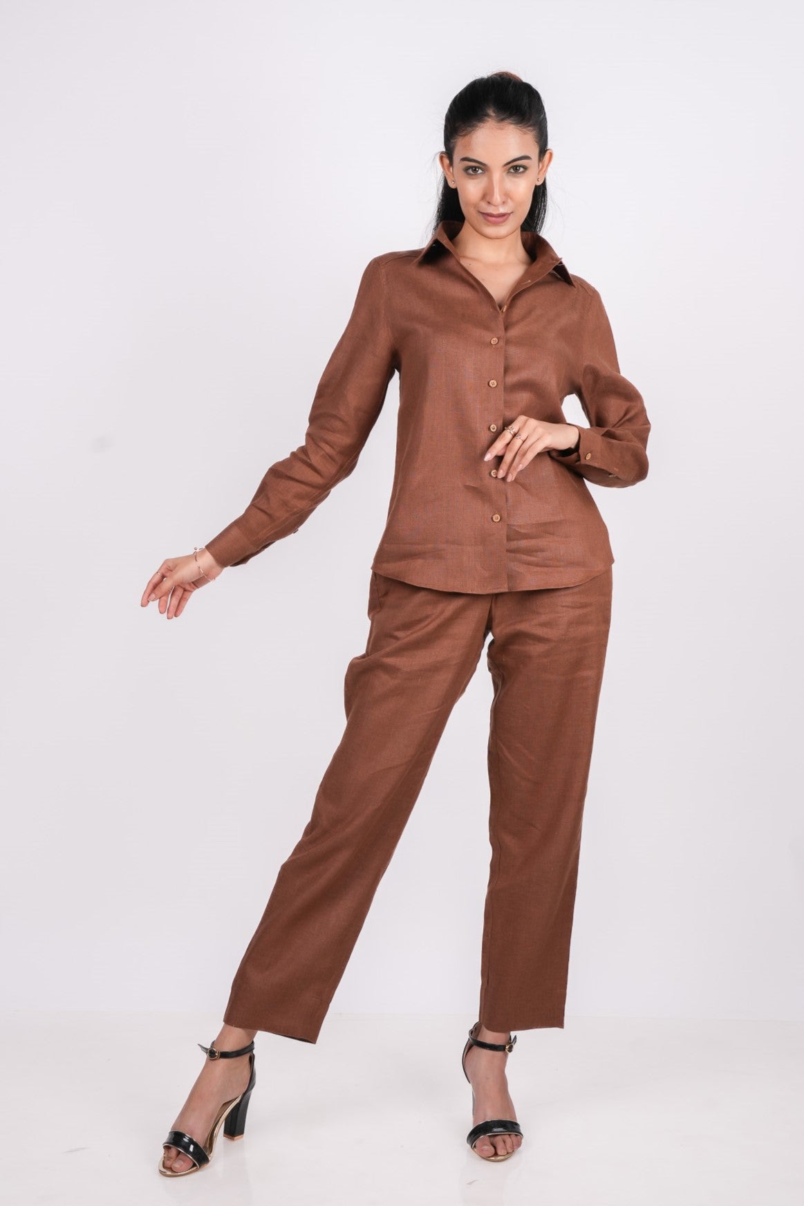 Mocha Brown Linen Co-Ord Set - Includes Pair of Pants and Full Sleeves Shirt