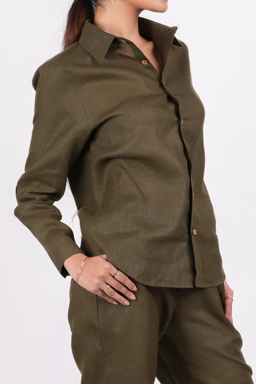 Forest Green Full Sleeves Spread Collar Linen Shirt