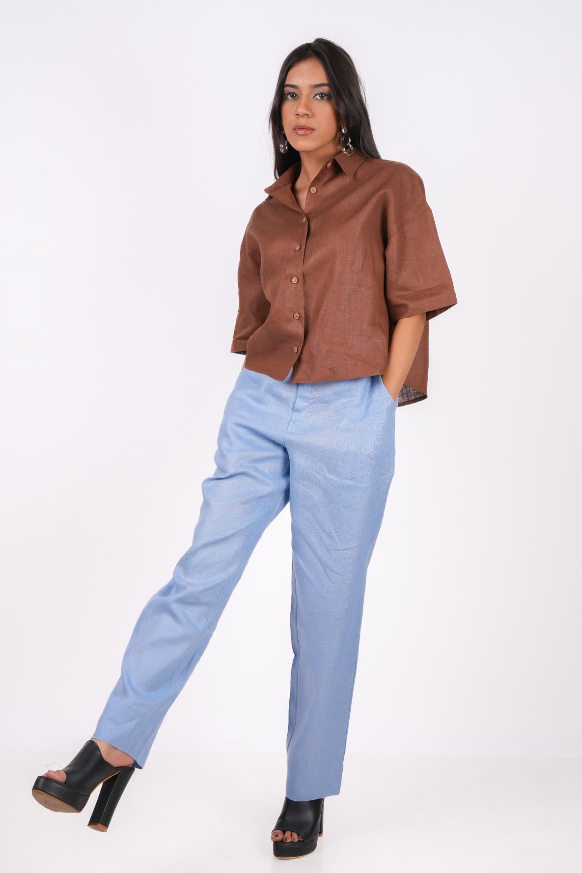 Ocean Blue Flat Front Linen Pants