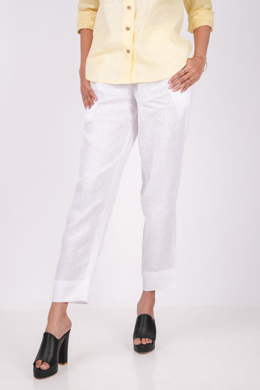 Pearl White Flat Front Linen Pants