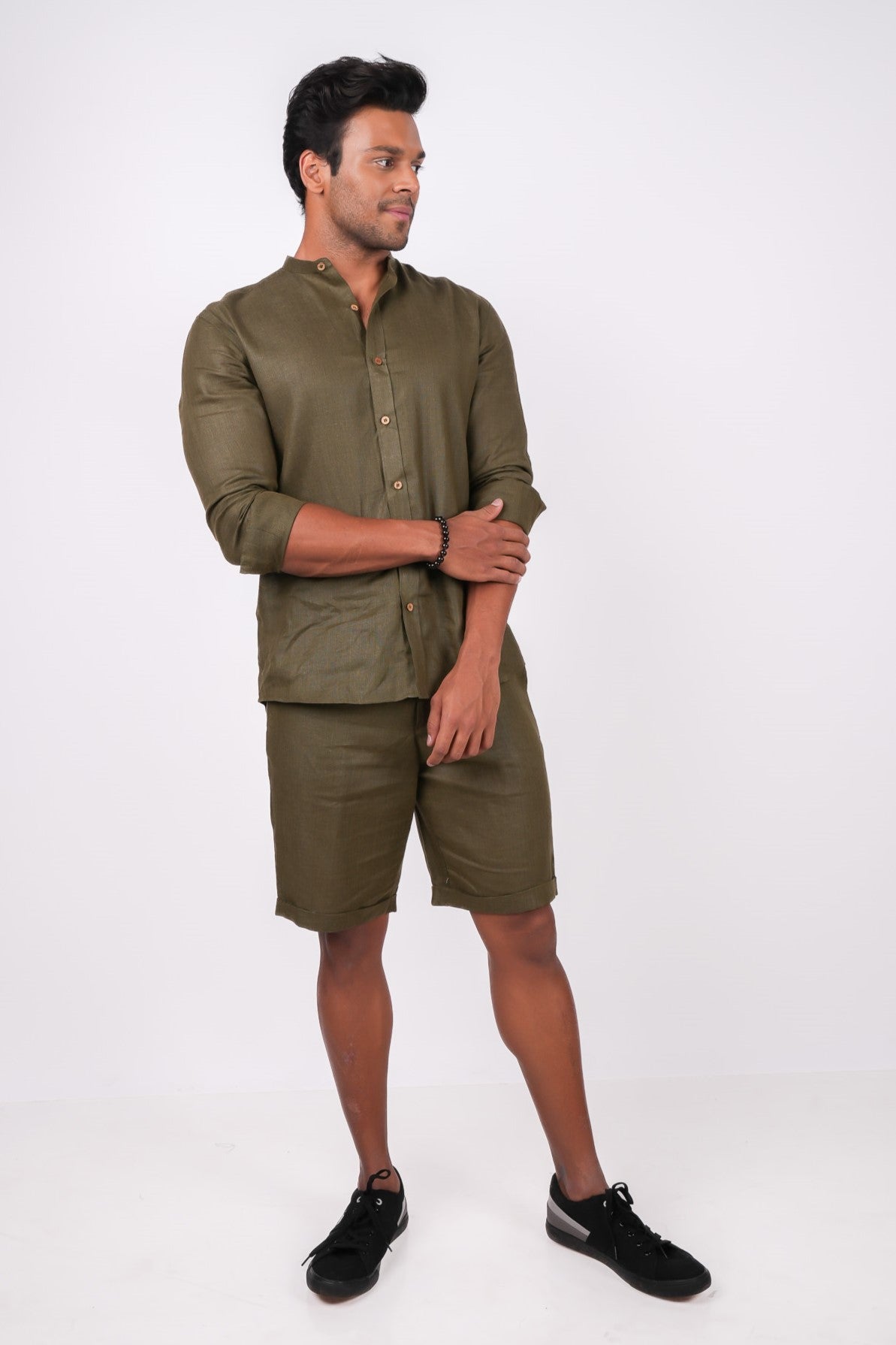 Forest Green Co-ord Set- Includes Pair of Shorts and Chinese Collar shirt