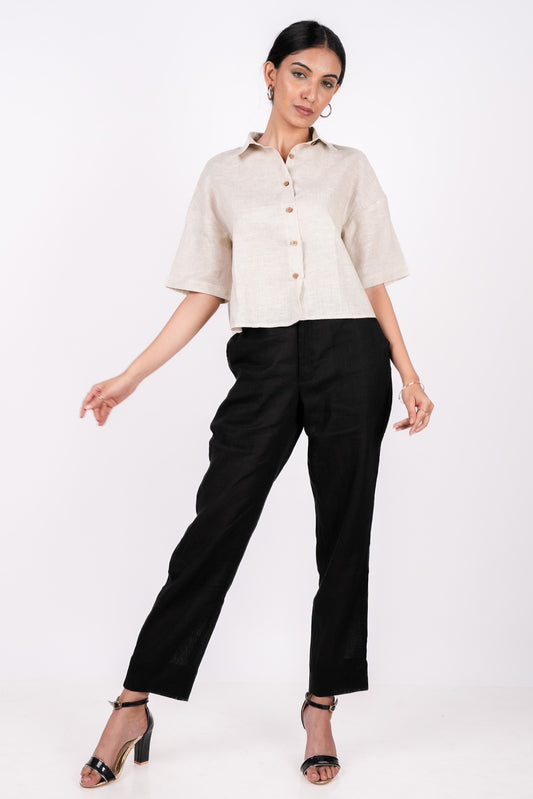 Midnight Black Flat Front Linen Pants