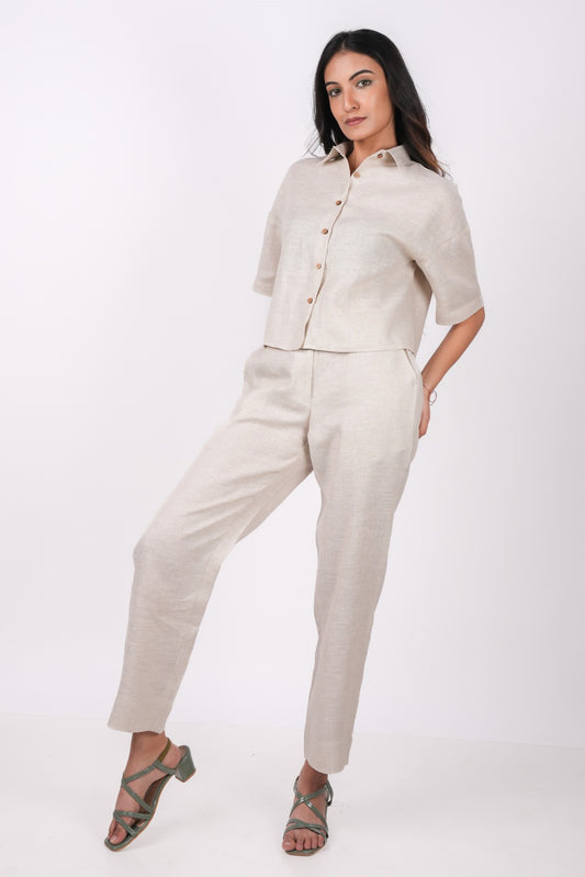 Earthy Natural Linen Co-Ord Set - Includes Pair of Pants and Half Sleeves Drooping Shoulder Shirt