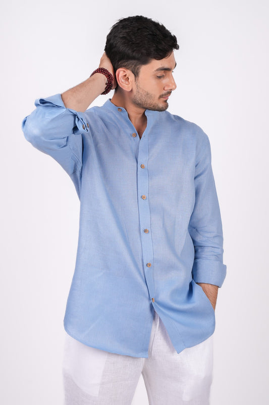 Ocean Blue Chinese Collar Shirt