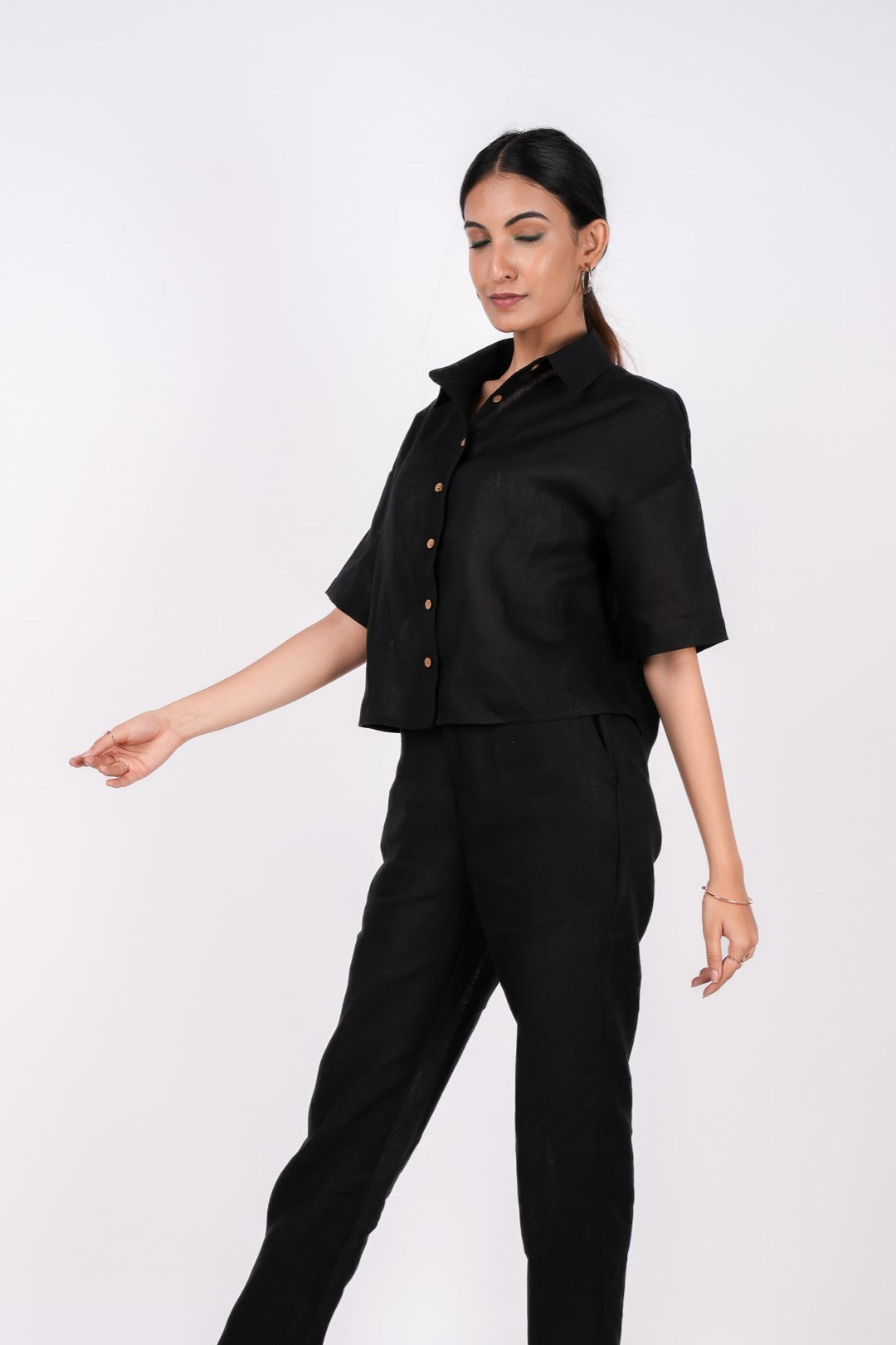 Midnight Black Linen Co-Ord Set - Includes Pair of Pants and Half Sleeves Drooping Shoulder Shirt