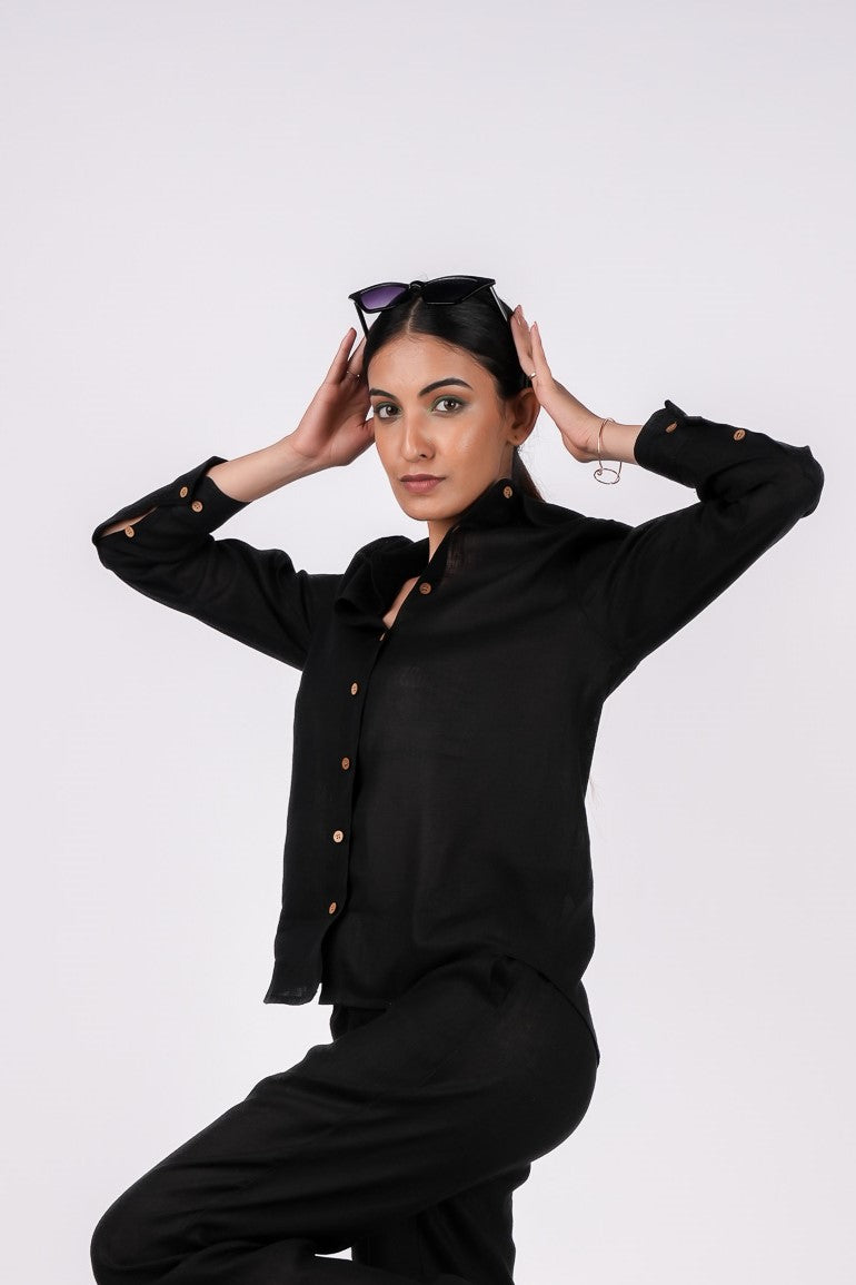 Midnight Black Full Sleeves Spread Collar Linen Shirt