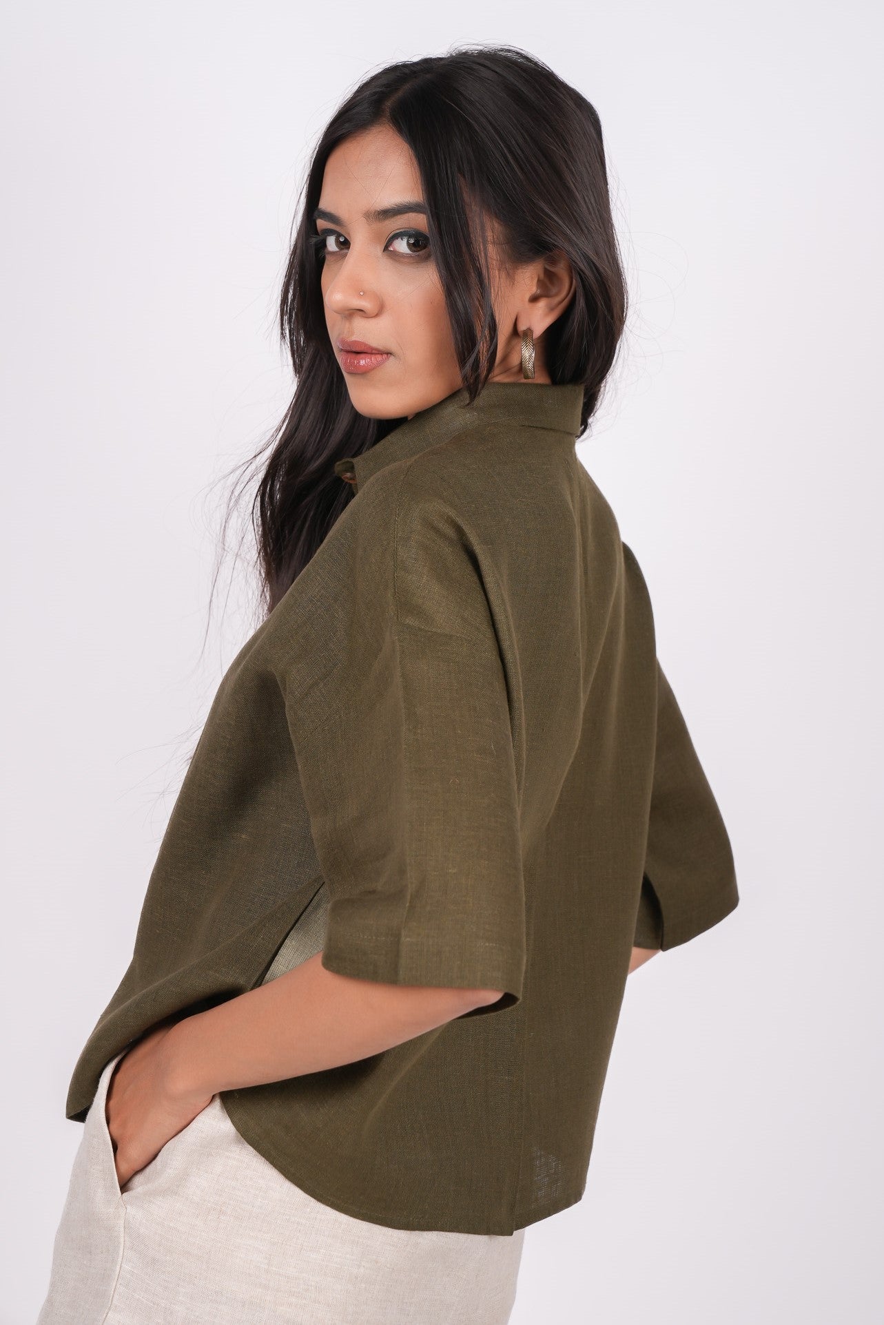 Forest Green Linen Drooping Shoulder Shirt