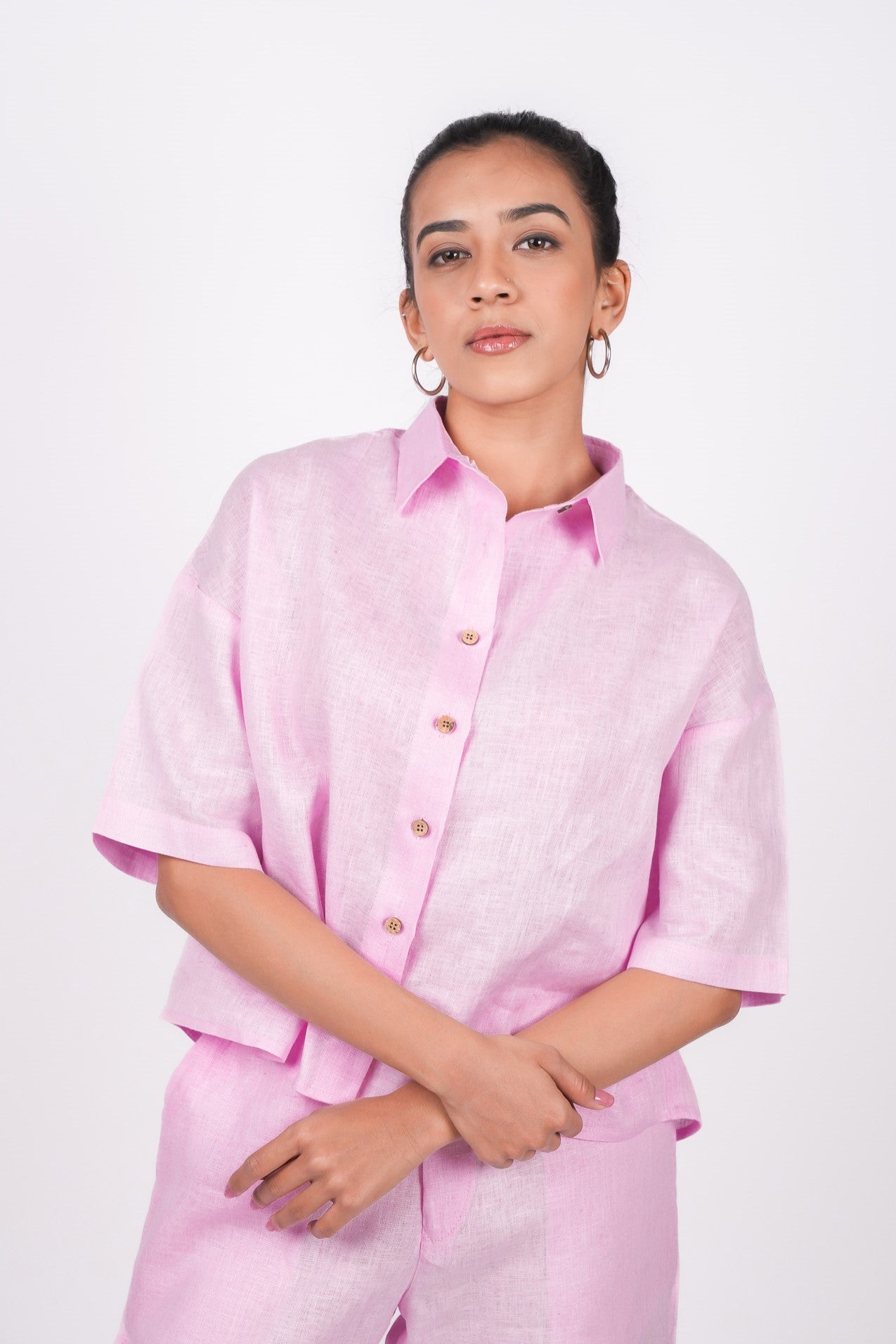 Baby pink linen co-ord set with pants and shirt for women | Half sleeves shirt with regular collar paired with pink pants | Wooden buttons | Pink co-ord set for women | Co-ord set for women | Office wear | Pink linen Set | Linen set for women | Linen Outfit | Linin | Linen clothes 